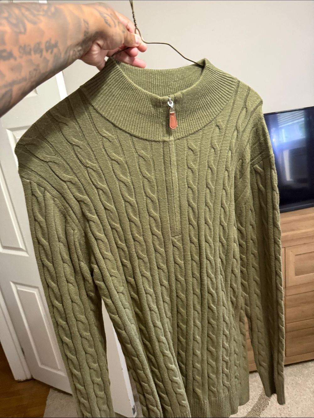 Amazon Olive Green Cable Knit Zip-Up Sweater